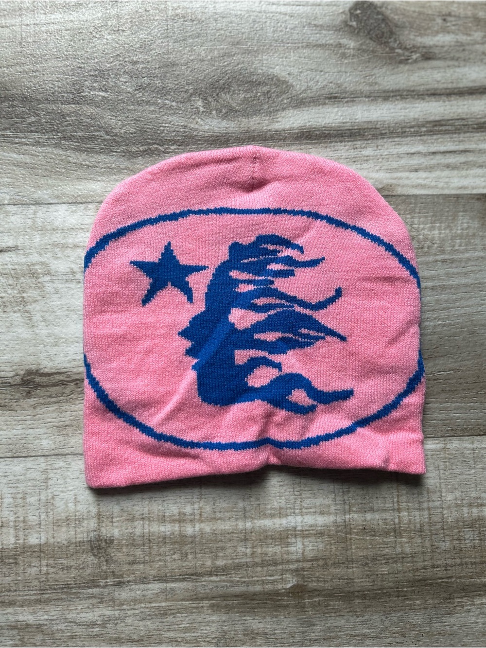 Pink Beanie with Blue Star & Flame Graphic